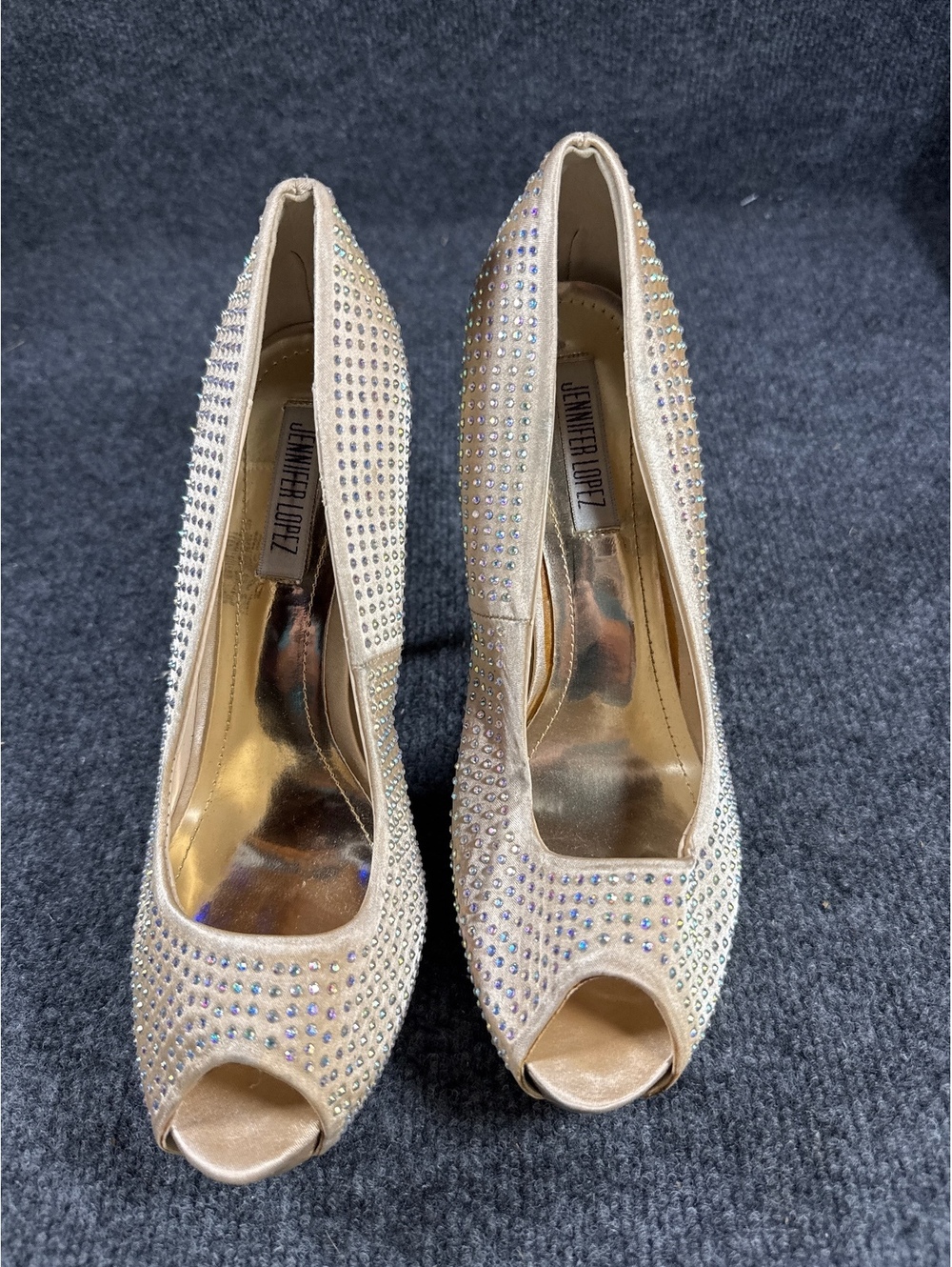 Forever Link Womens 8.5 Rhinestone Peep Toe Pumps Gold High Heels Sparkle